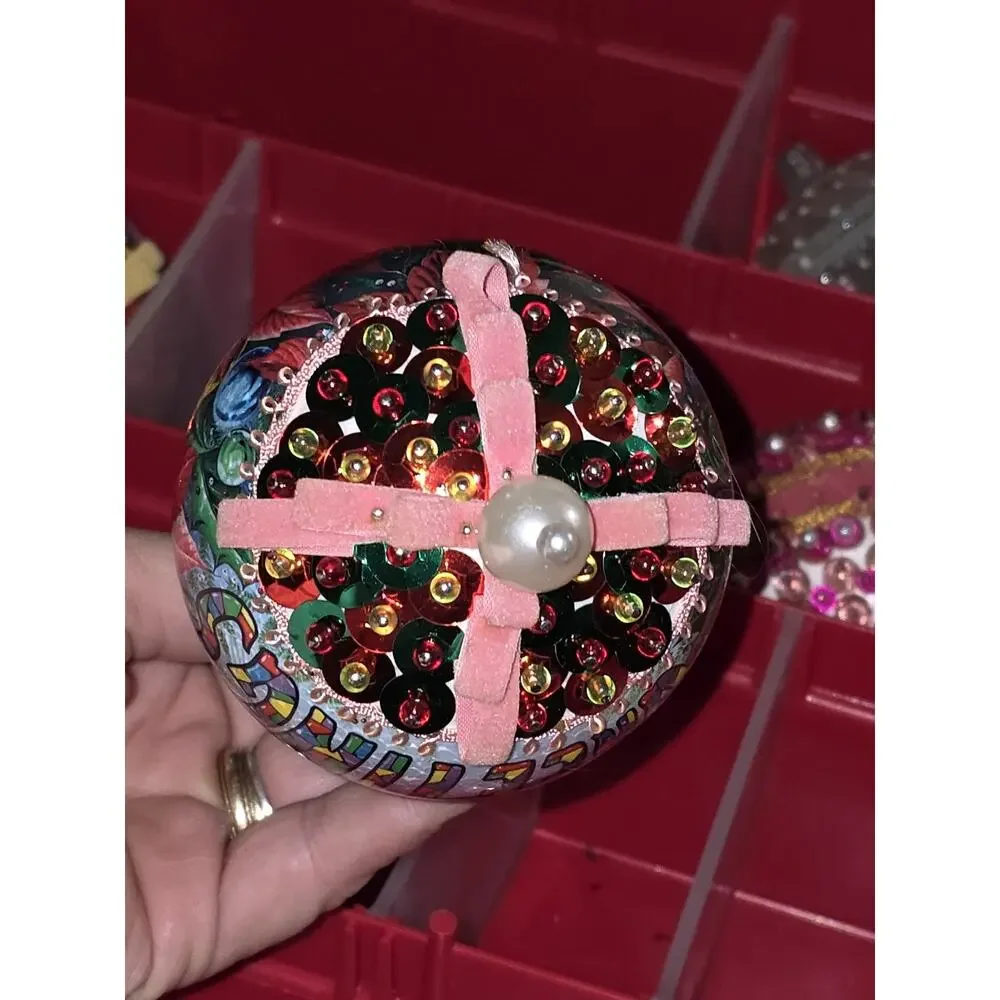 Vintage Large Sequin Beaded Ornament Season Greetings Colorful Pink